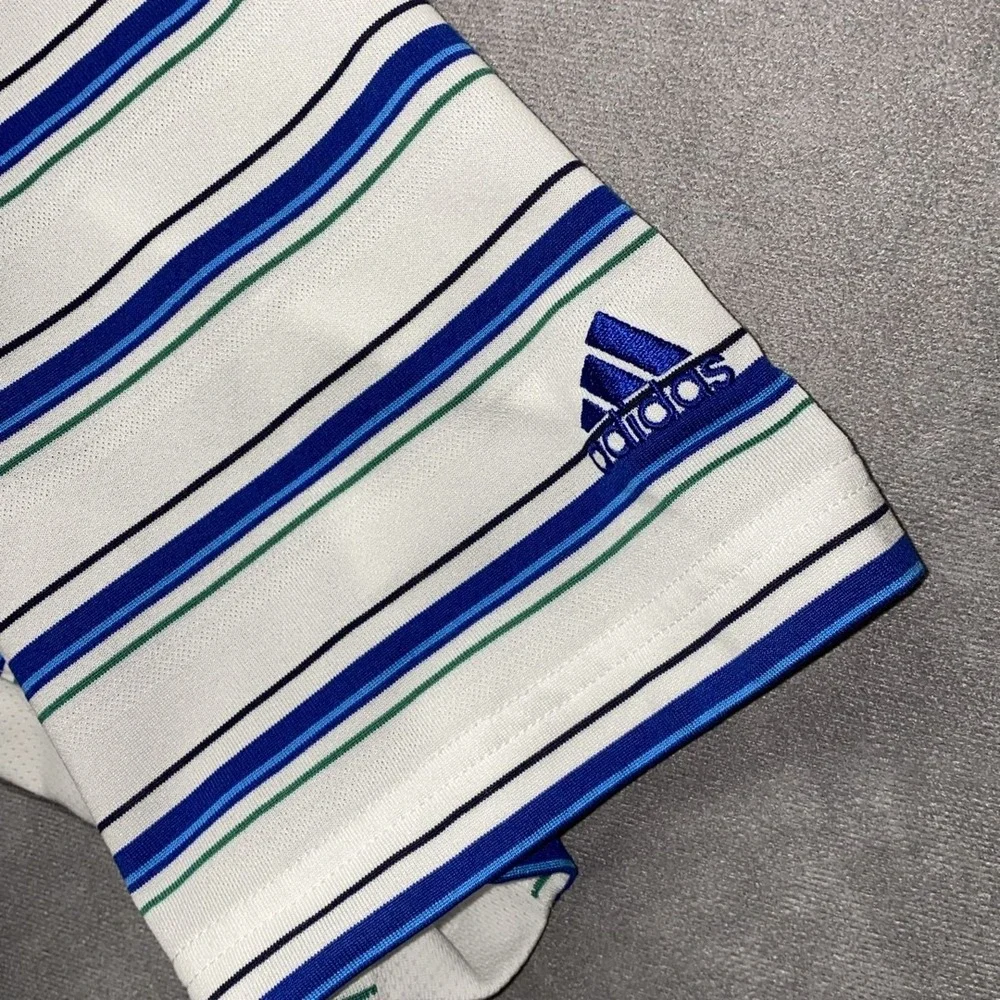 Adidas Shirt Mens Large Blue Polo Striped Short Sleeve Climacool Golf‎ MCC